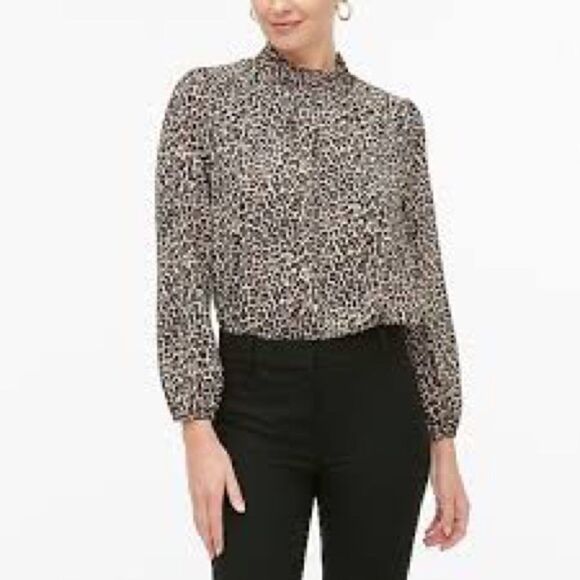 J Crew Factory Leopard Long Sleeve Chiffon Gathered Mock Neck Blouse - Picture 3 of 11